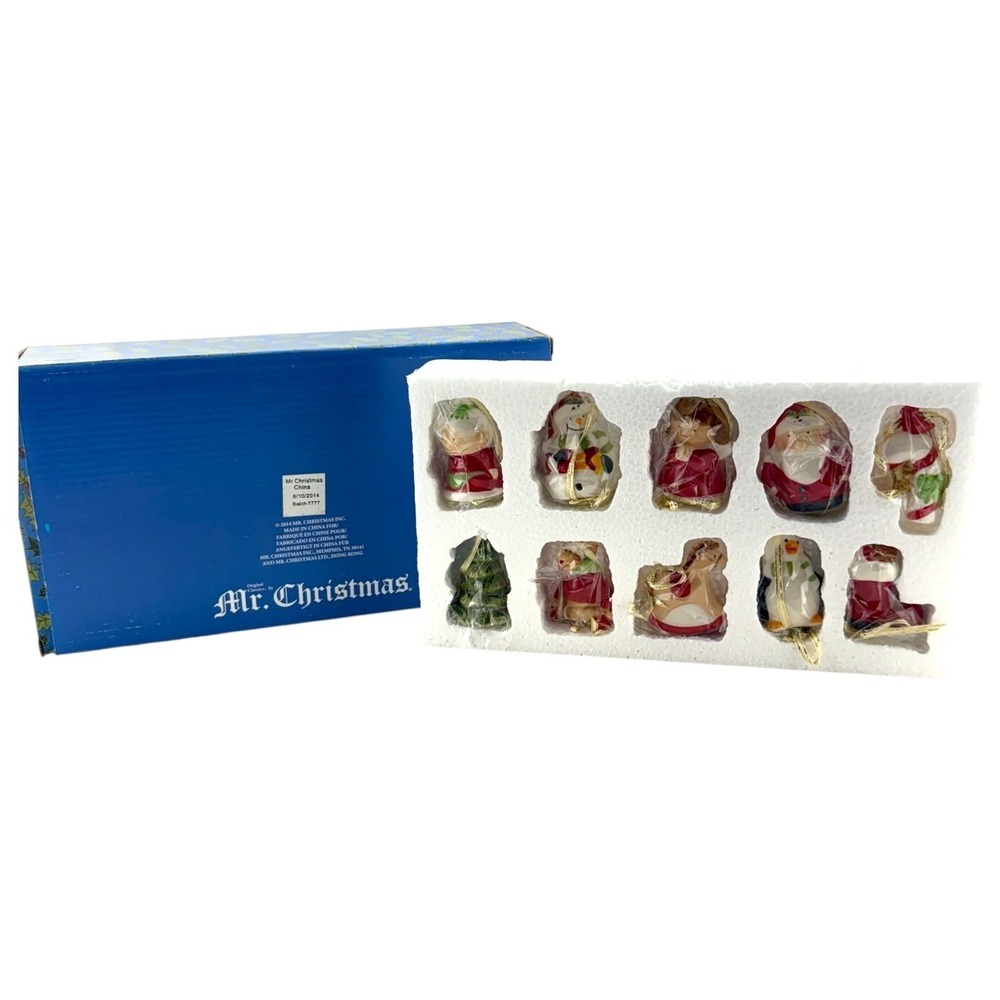 Mr Christmas Ornament Set of 10 Porcelain NIB 2014 Small Size 1 1/2 x 2" Holiday
